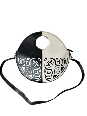 RI YUN Black White Yin Yang Circle Round Handbag Detachable Strap Crossbody Bag